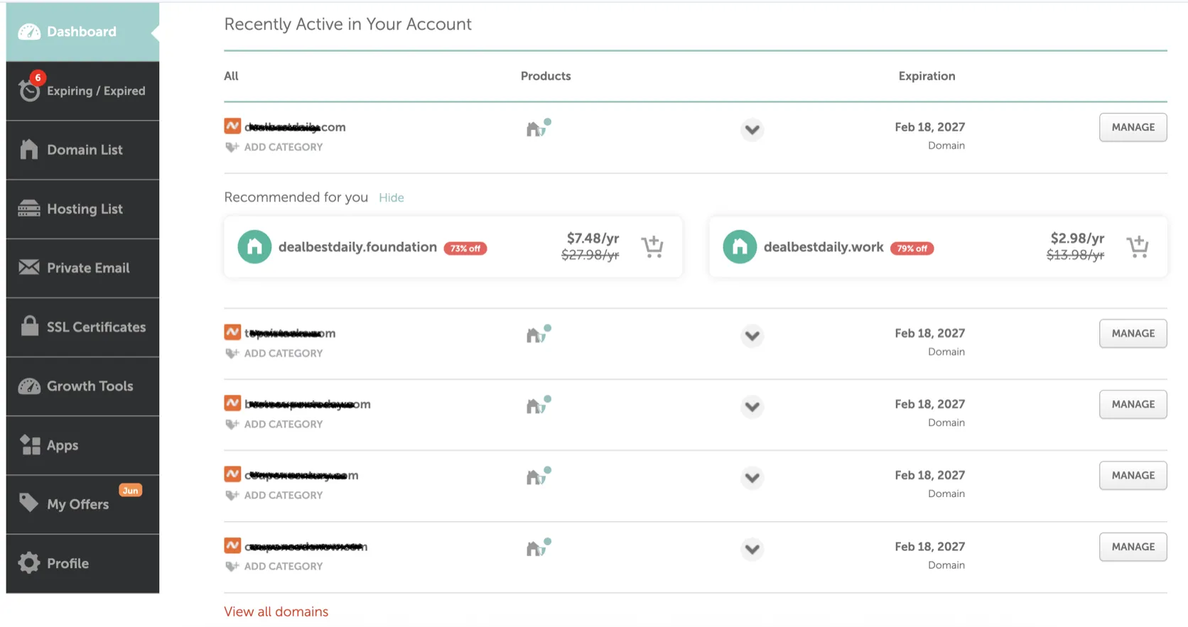 Namecheap dashboard — actual interface screenshot