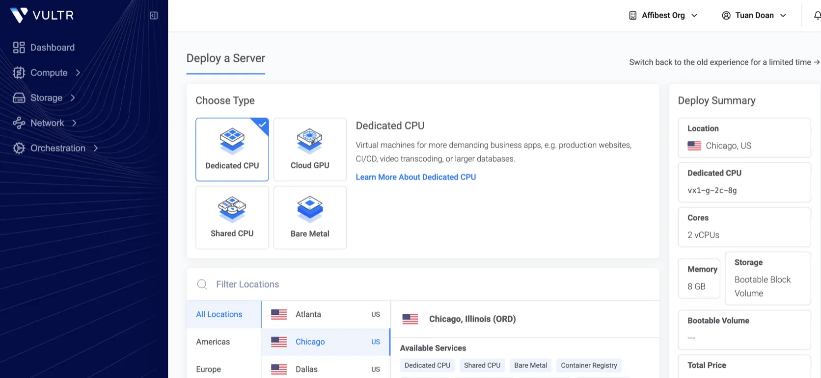 Vultr dashboard — actual interface screenshot