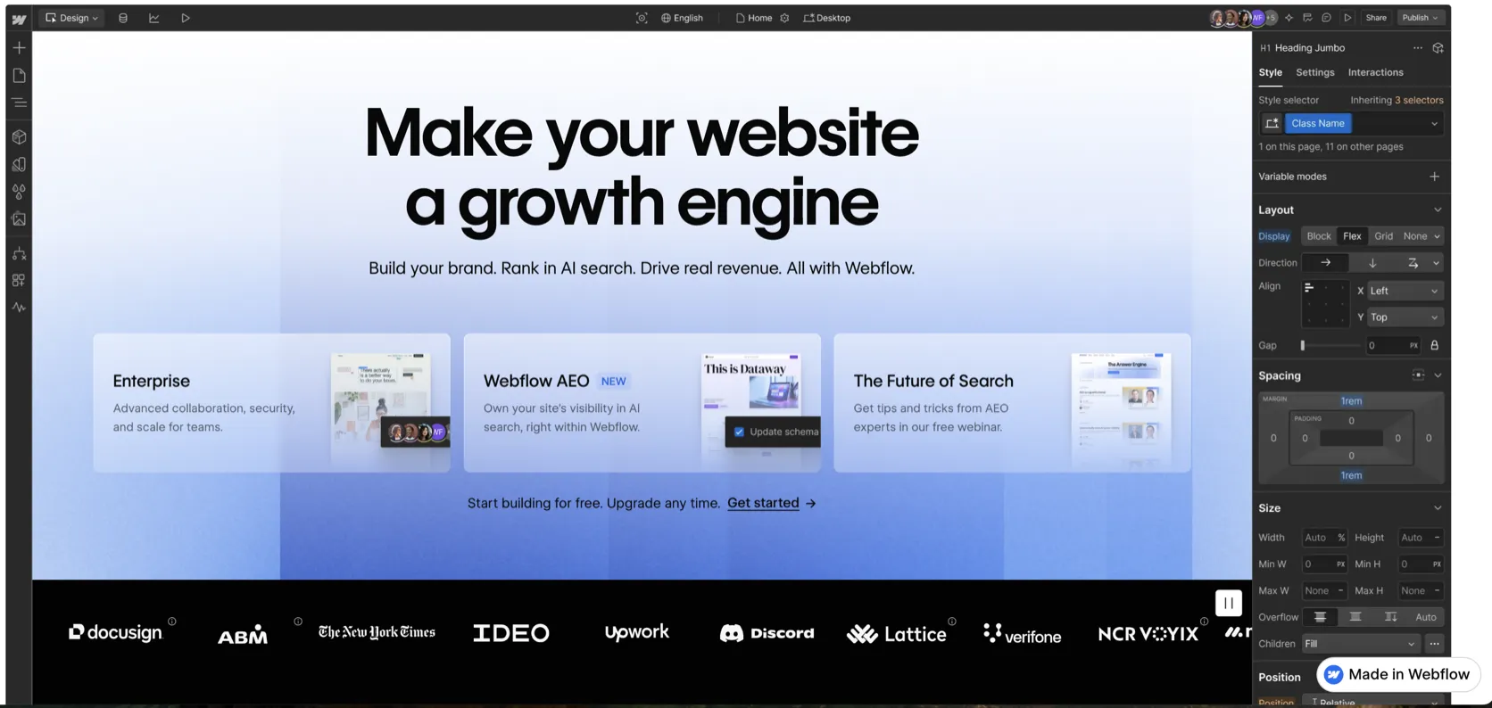 Webflow dashboard — actual interface screenshot